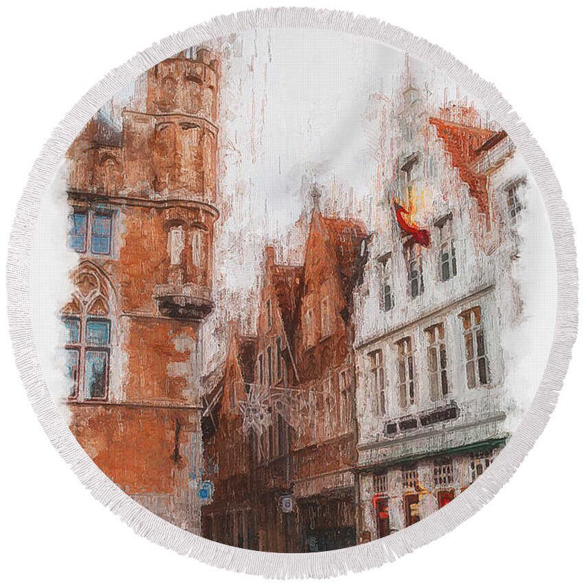 Belgium Round Beach Towel featuring the painting Bruges, Belgium - 03 by AM FineArtPrints