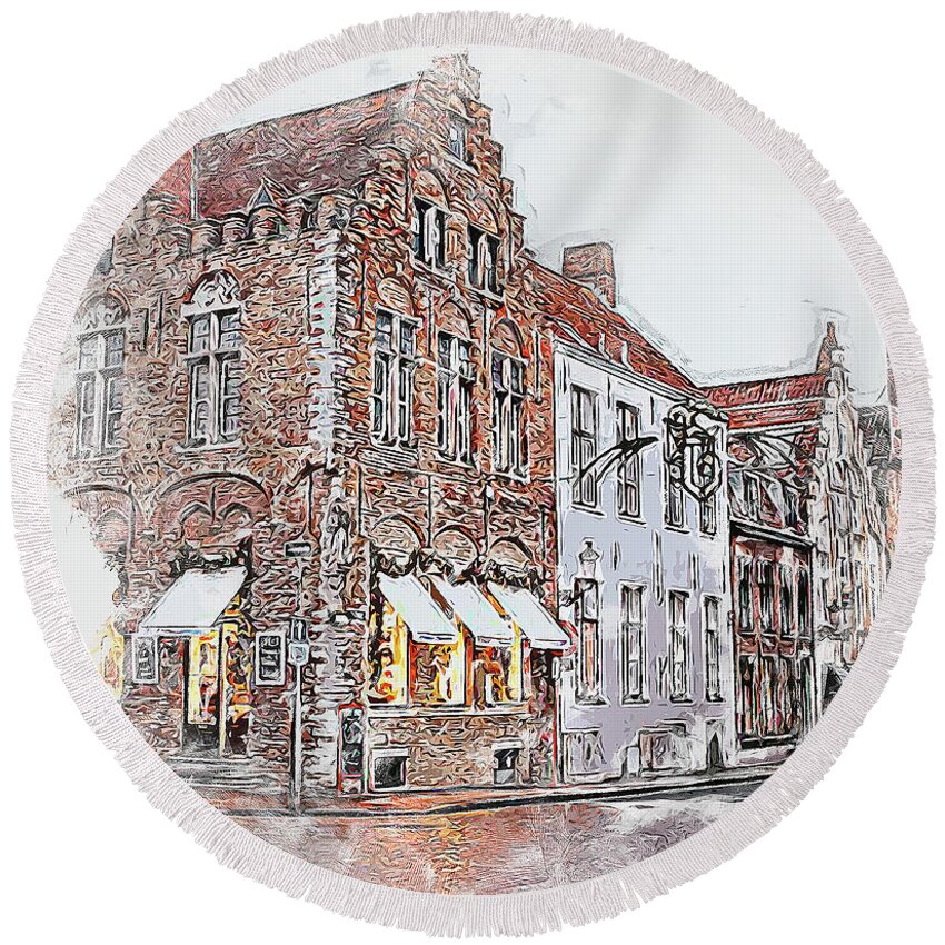 Belgium Round Beach Towel featuring the painting Bruges, Belgium - 04 by AM FineArtPrints