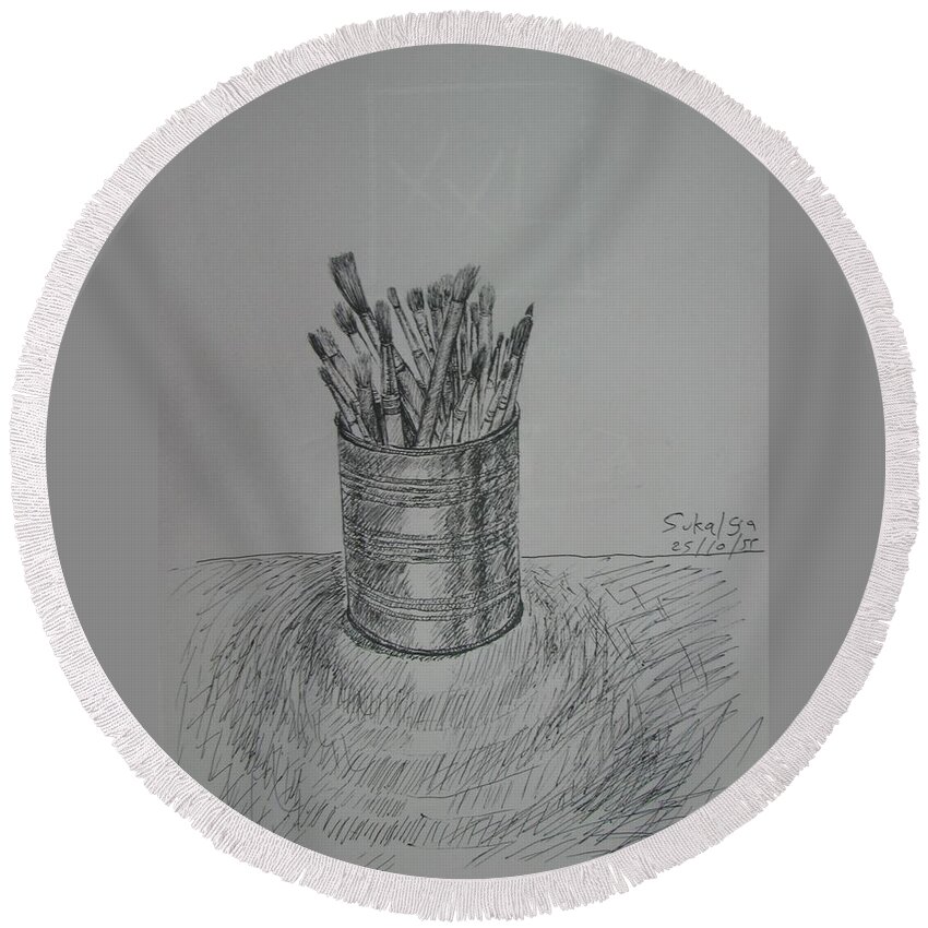 Brush Round Beach Towel featuring the drawing Brushes In A Tin Can by Sukalya Chearanantana