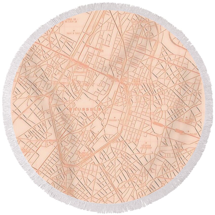 Brussels Round Beach Towel featuring the digital art Brussels Blueprint City Map by HELGE Art Gallery