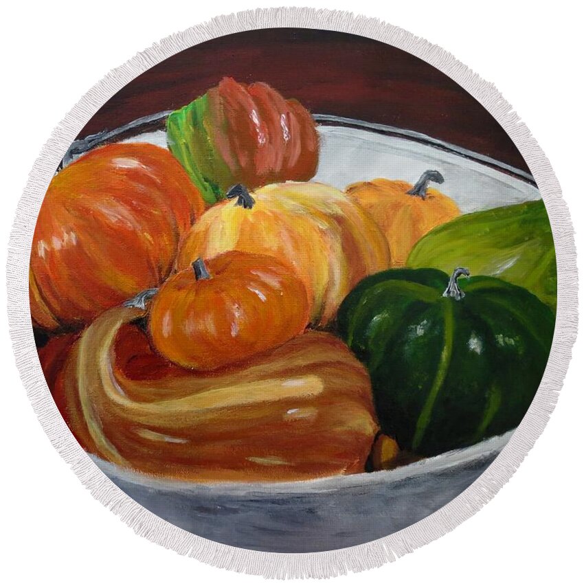  Round Beach Towel featuring the painting Bucket O'Gourds by C E Dill