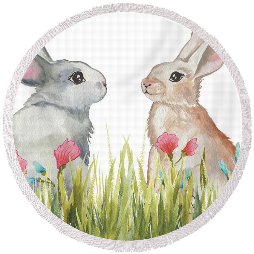 Bunnies Round Beach Towel featuring the mixed media Bunnies Among The Flowers II by Elizabeth Medley