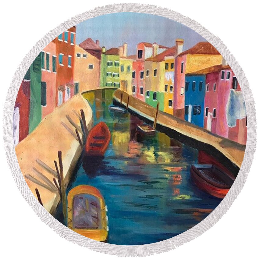 Italy Round Beach Towel featuring the painting Burano, Italy #1 by Maureen Obey