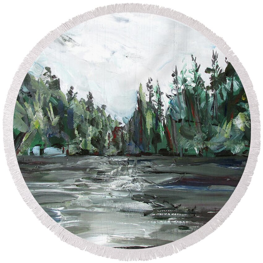  Round Beach Towel featuring the painting Burton Lake by John Gholson