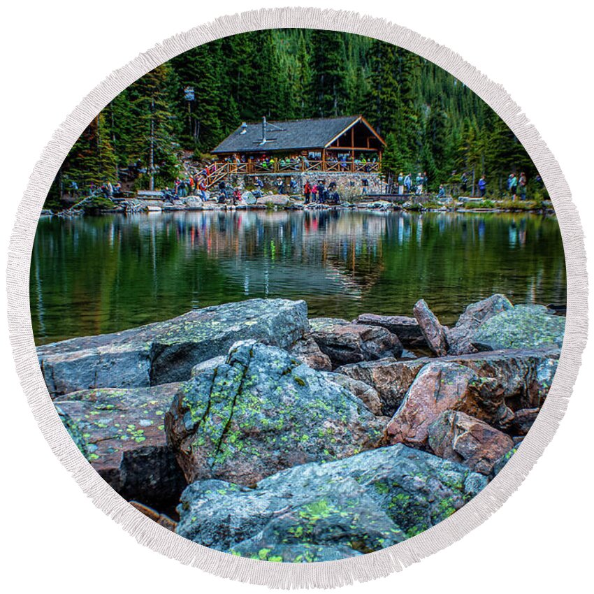 Alberta Round Beach Towel featuring the photograph Busy lake Agnes Tea House by Thomas Nay
