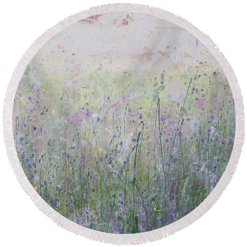 Acrylic Round Beach Towel featuring the painting Buttercups and Bluebells by Brenda O'Quin