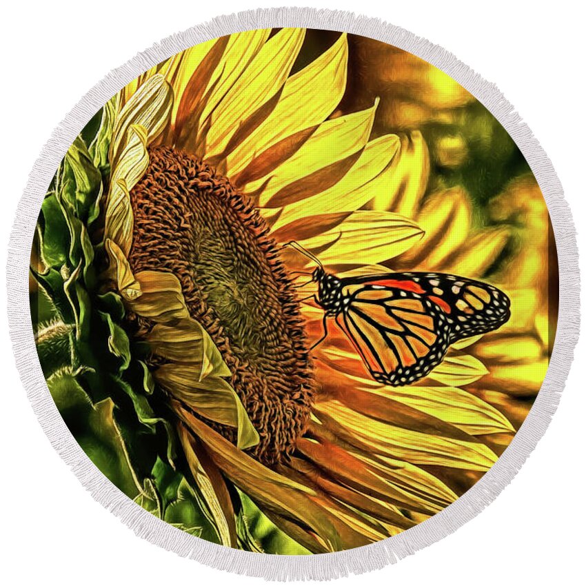 Marias Field Of Hope Round Beach Towel featuring the digital art Butterfly and Sunflower at Maria's Field of Hope by Mark Madere