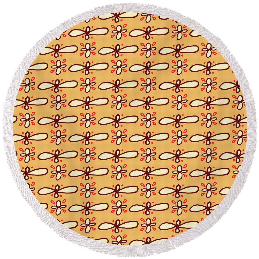 Cream Round Beach Towel featuring the painting Butterscotch Retro Floral Pattern by Jen Montgomery