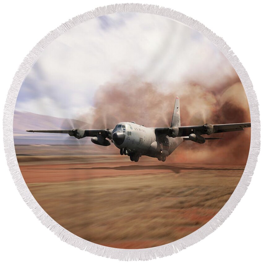 C-130 Hercules Round Beach Towel featuring the digital art C130 Dirt Strip Landing by Airpower Art