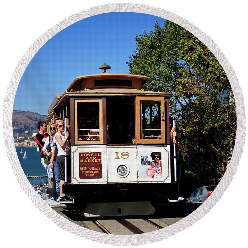 Estock Round Beach Towel featuring the digital art Cable Car In San Francisco by Claudia Uripos