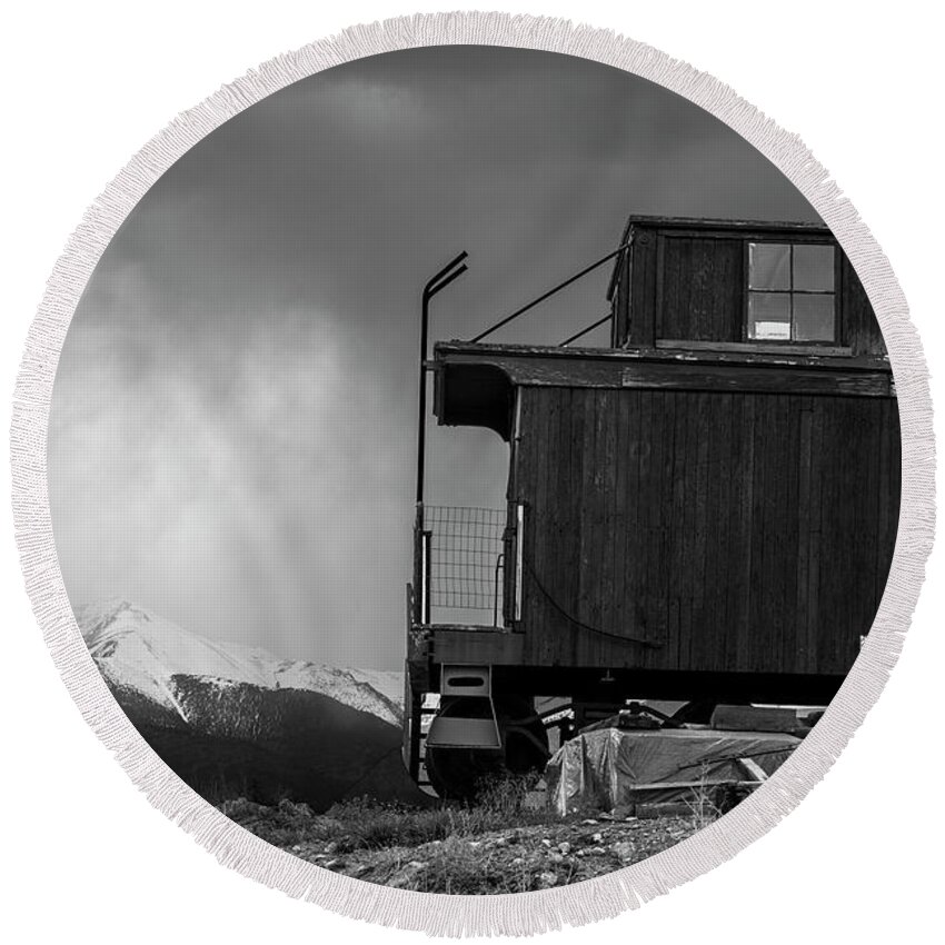 Caboose Round Beach Towel featuring the photograph Caboose in Black and White by Sandra Dalton