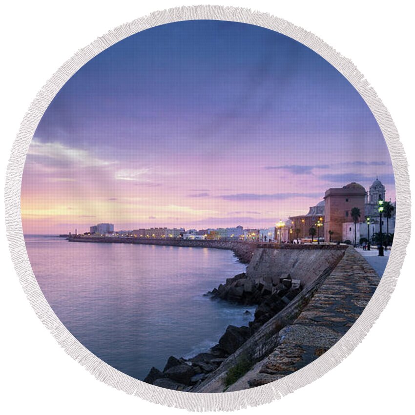 Skyline Round Beach Towel featuring the photograph Cadiz Skyline and Cathedral by Pablo Avanzini