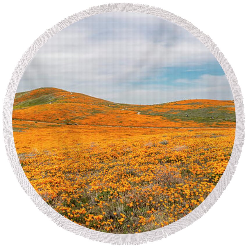 Poppies Round Beach Towel featuring the photograph California Poppy Superbloom 2019 - Panorama by Gene Parks