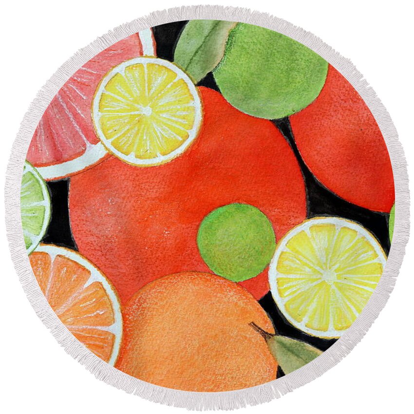 Orange Round Beach Towel featuring the painting California Sunshine 2 Watercolor by Kimberly Walker