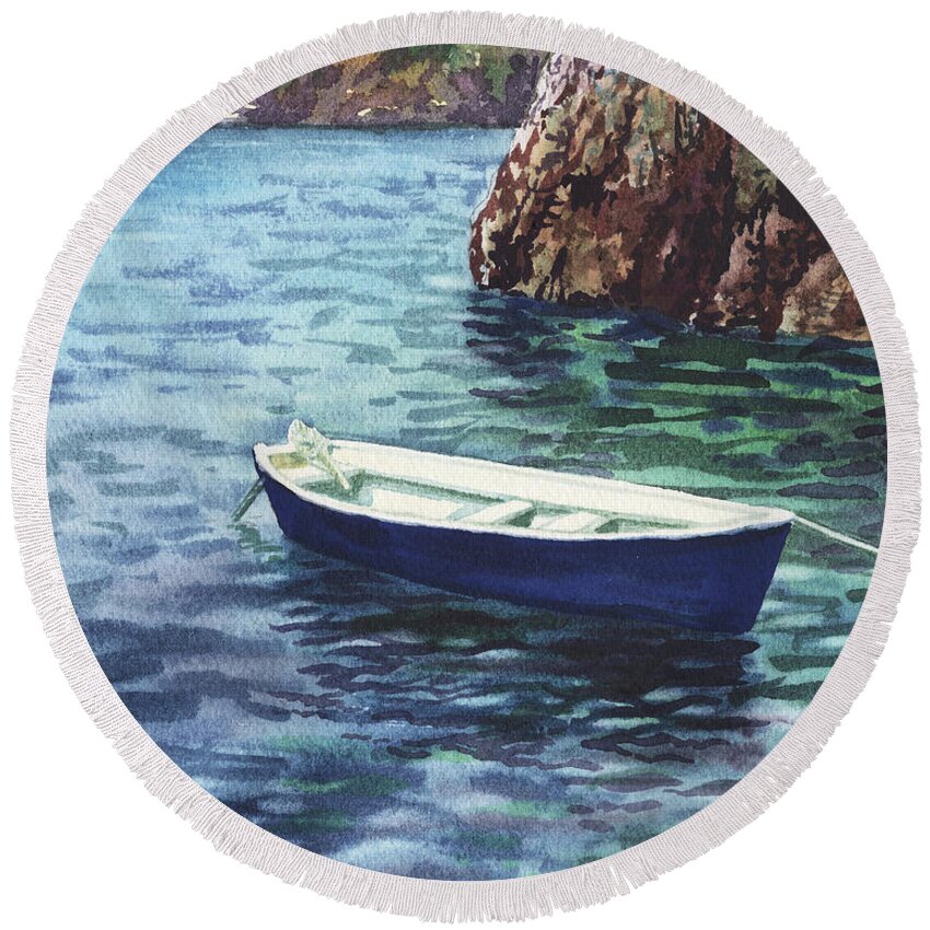 Boat Round Beach Towel featuring the painting Calm Safe Harbor With A Boat by Irina Sztukowski