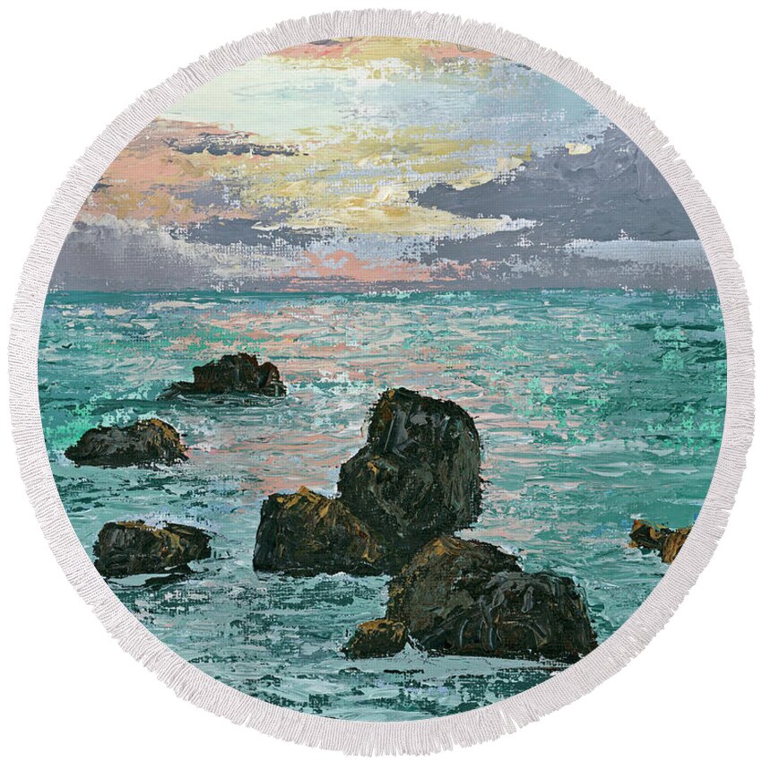 Seascape Round Beach Towel featuring the painting Calm Waters by Darice Machel McGuire