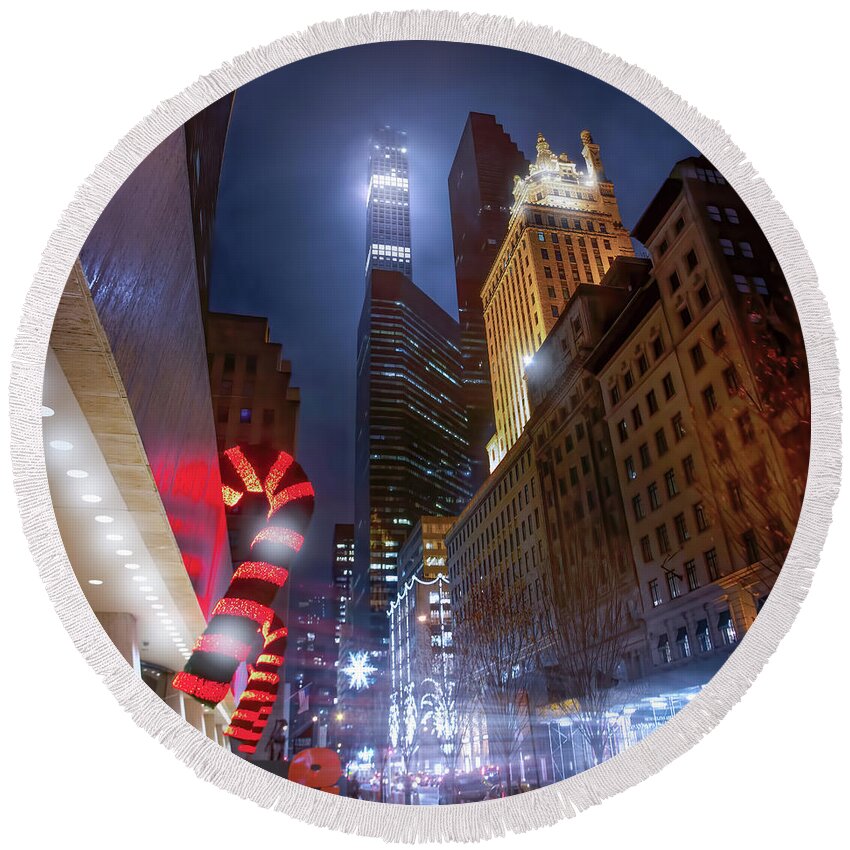 New York Round Beach Towel featuring the photograph Candy Cane Street by Mark Andrew Thomas
