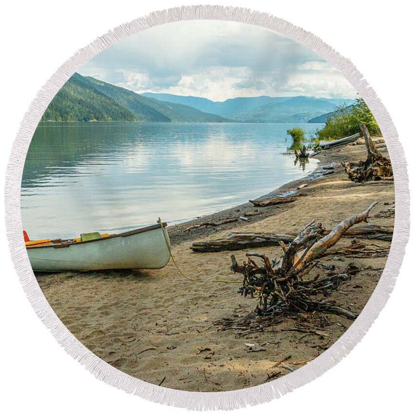 Landscapes Round Beach Towel featuring the photograph Canoe At Mable Lake by Claude Dalley