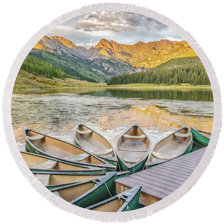 Canoe Round Beach Towel featuring the photograph Canoes at Sunset by Melissa Lipton