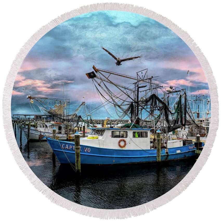 Fishing Boats Round Beach Towel featuring the photograph Capt T Vo by Don Schiffner