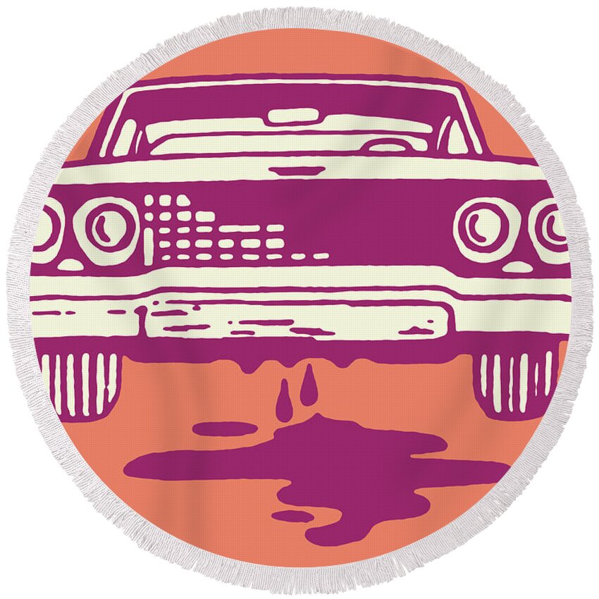 Auto Round Beach Towel featuring the drawing Car with Drip by CSA Images