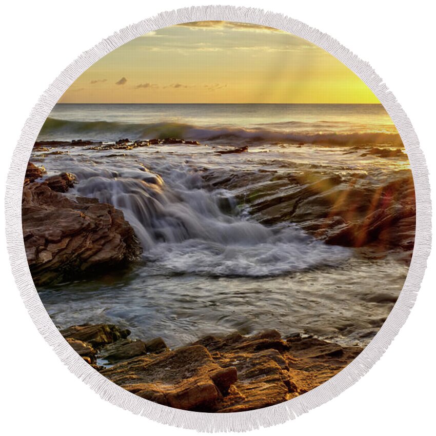 Cascading Round Beach Towel featuring the photograph Cascading Sunset at Crystal Cove by Eddie Yerkish
