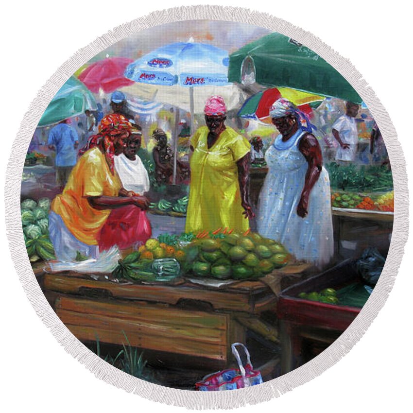 Caribbean Market Round Beach Towel featuring the painting Castries Market by Jonathan Gladding