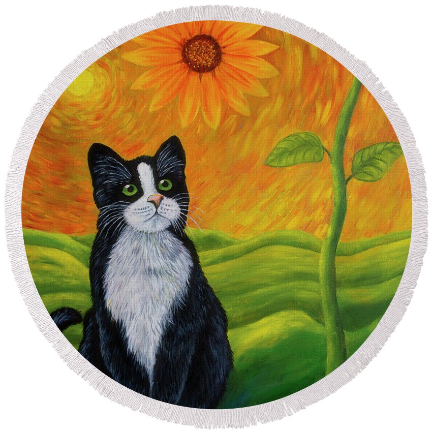 Animal Round Beach Towel featuring the painting Cat and sunflower by Veikko Suikkanen