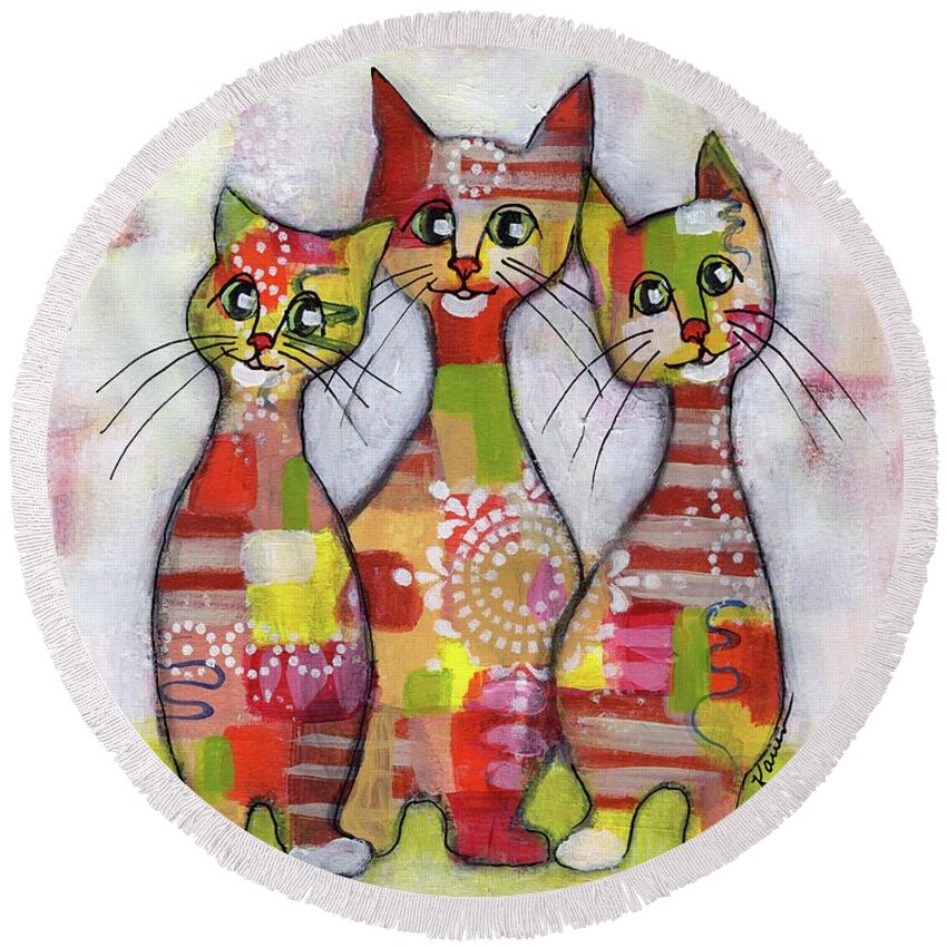 Cat Round Beach Towel featuring the painting Cat Family Portrait 5 by Karren Case