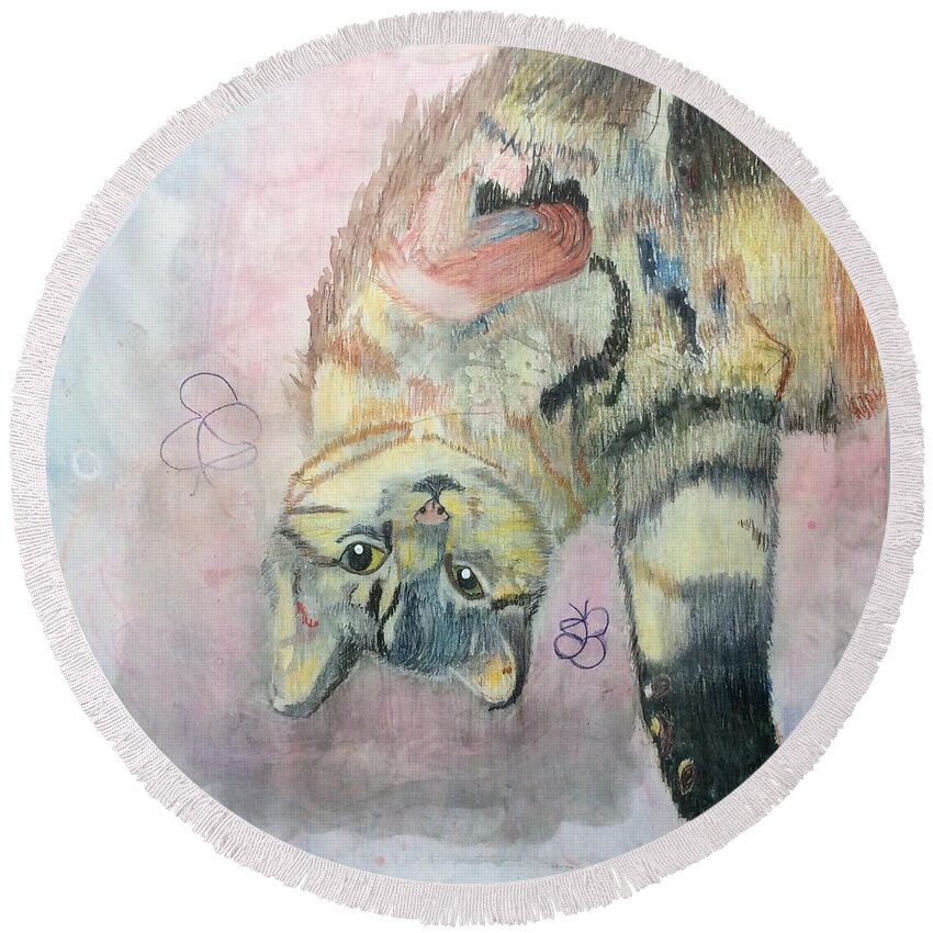 Playful Cat Round Beach Towel featuring the painting Playful Cat named Simba by AJ Brown
