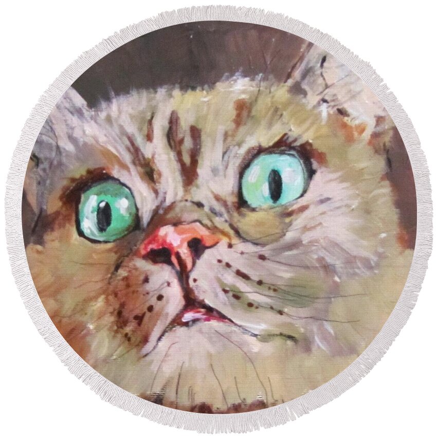 Cat Round Beach Towel featuring the painting CAT What do you see by Barbara O'Toole