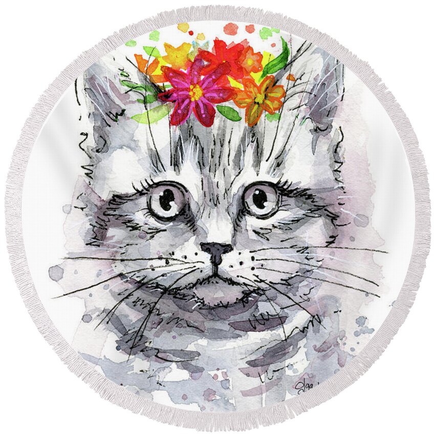 Cat Round Beach Towel featuring the painting Cat with Flowers by Olga Shvartsur