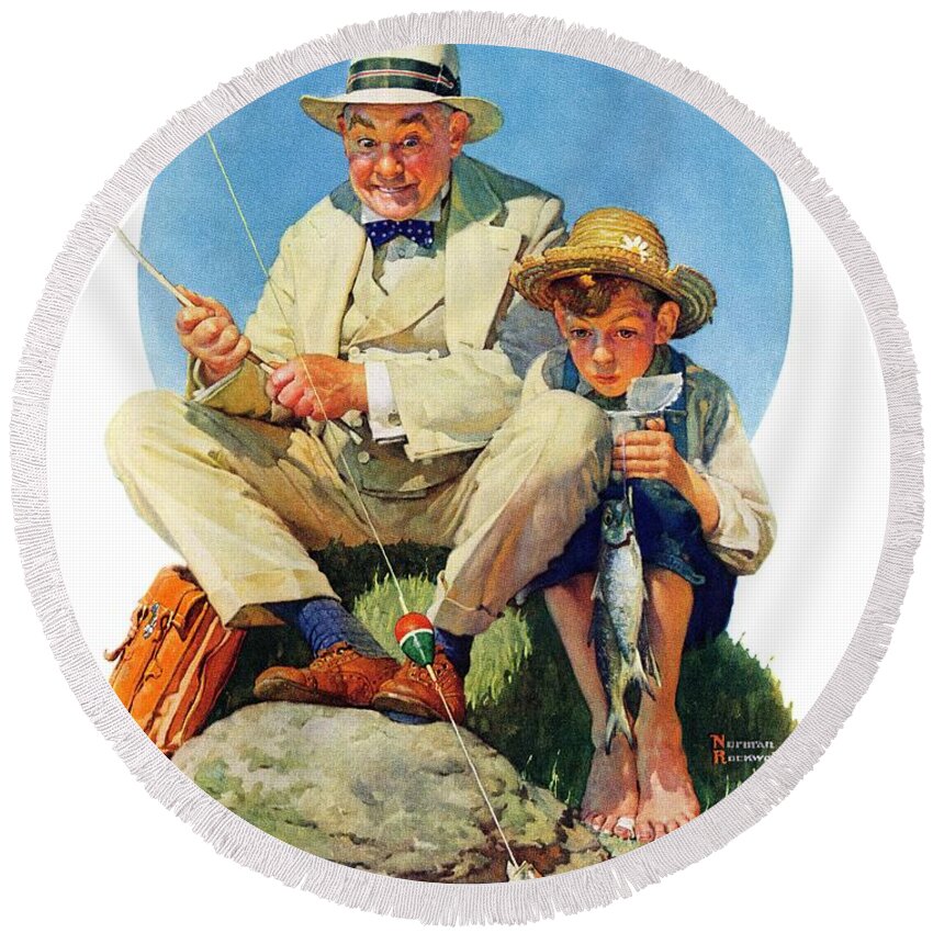 Boy Round Beach Towel featuring the painting Catching The Big One by Norman Rockwell