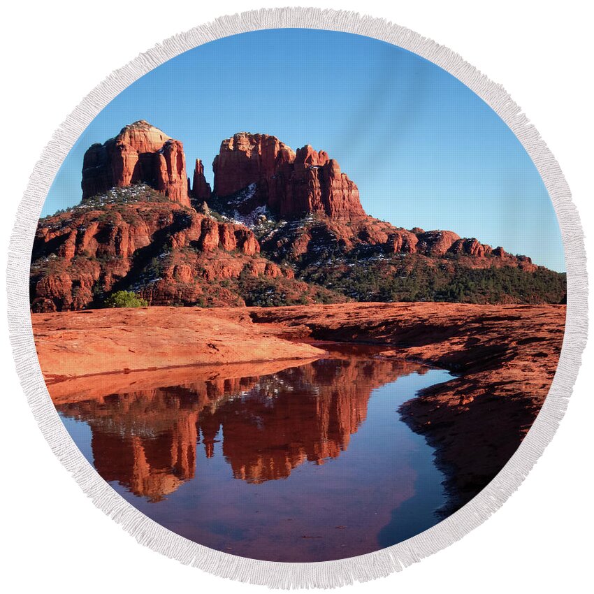 Sedona Round Beach Towel featuring the photograph Cathedral Rock Reflection II by Terry Ann Morris