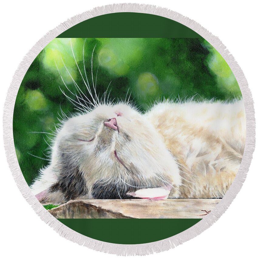Cat Round Beach Towel featuring the painting Catnap by John Neeve