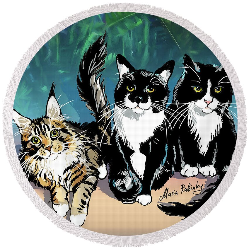 Cat Portrait Round Beach Towel featuring the digital art Cats by Maria Rabinky