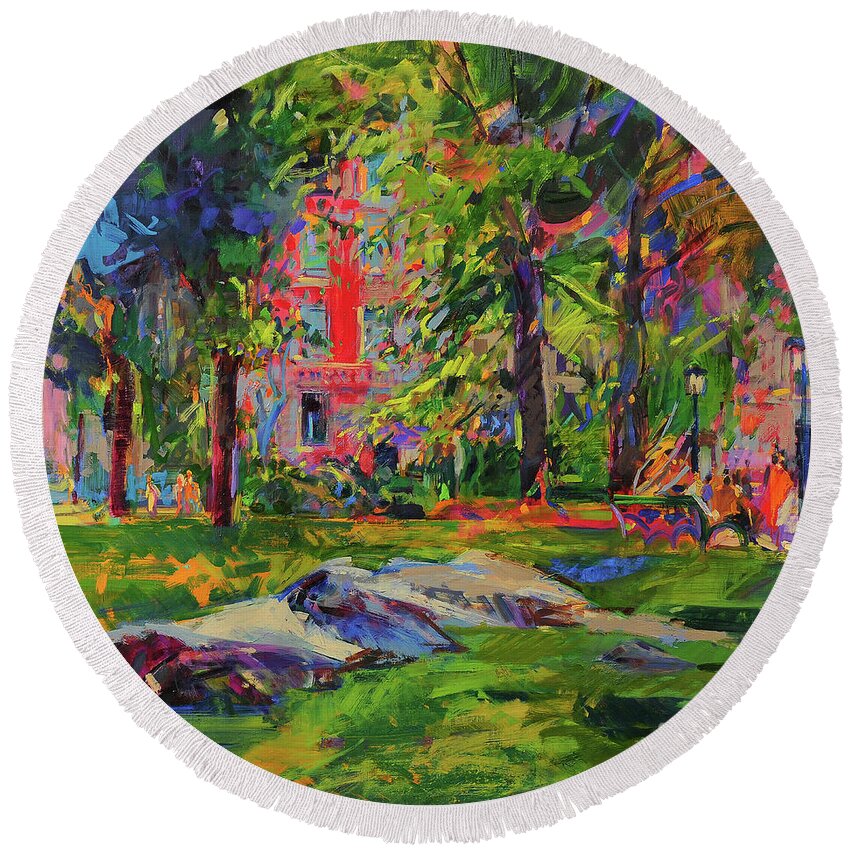 Green Round Beach Towel featuring the painting Cedar Hill, Central Park by Peter Graham
