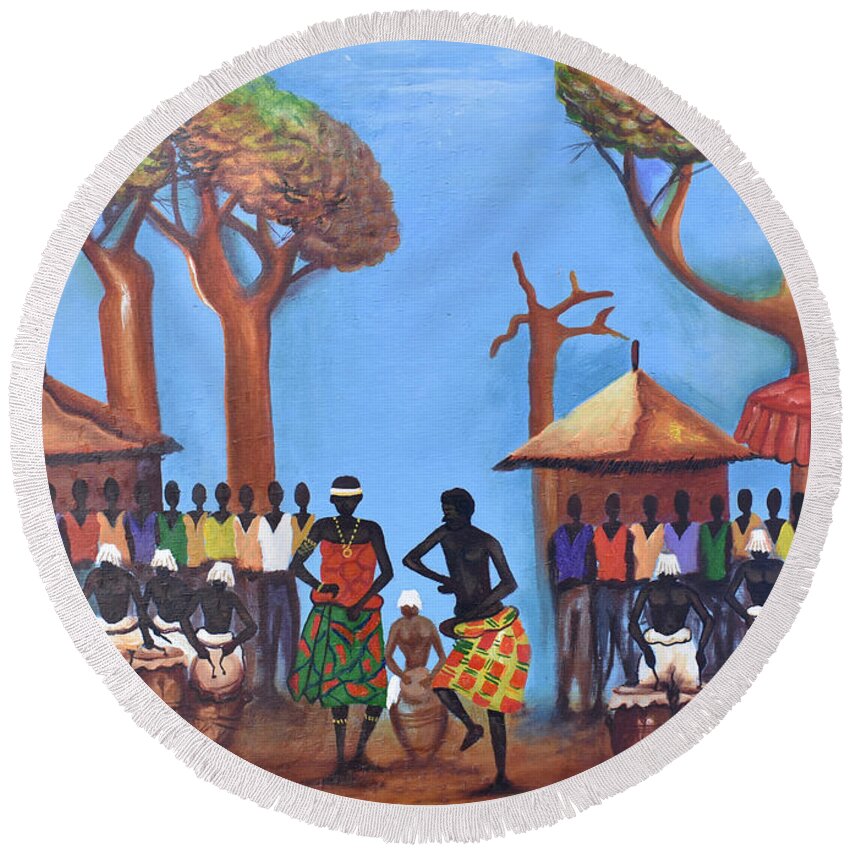 Africa Round Beach Towel featuring the painting Celebration Drumming - Blue by Francis Sampson