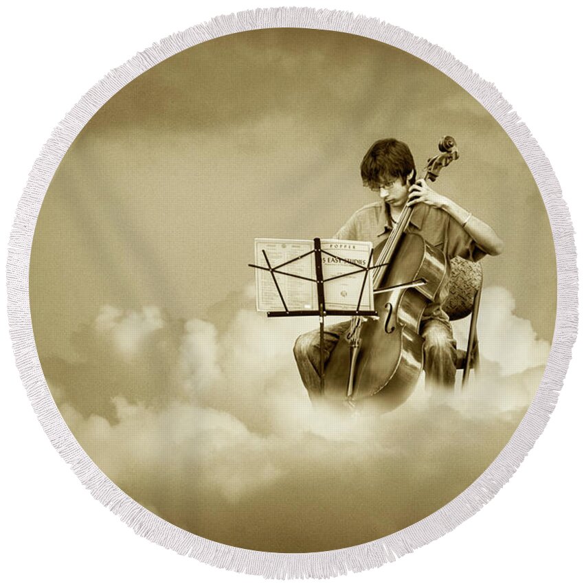 Music Round Beach Towel featuring the photograph Cello Player Playing on Cloud Nine in Sepia Tone by Randall Nyhof