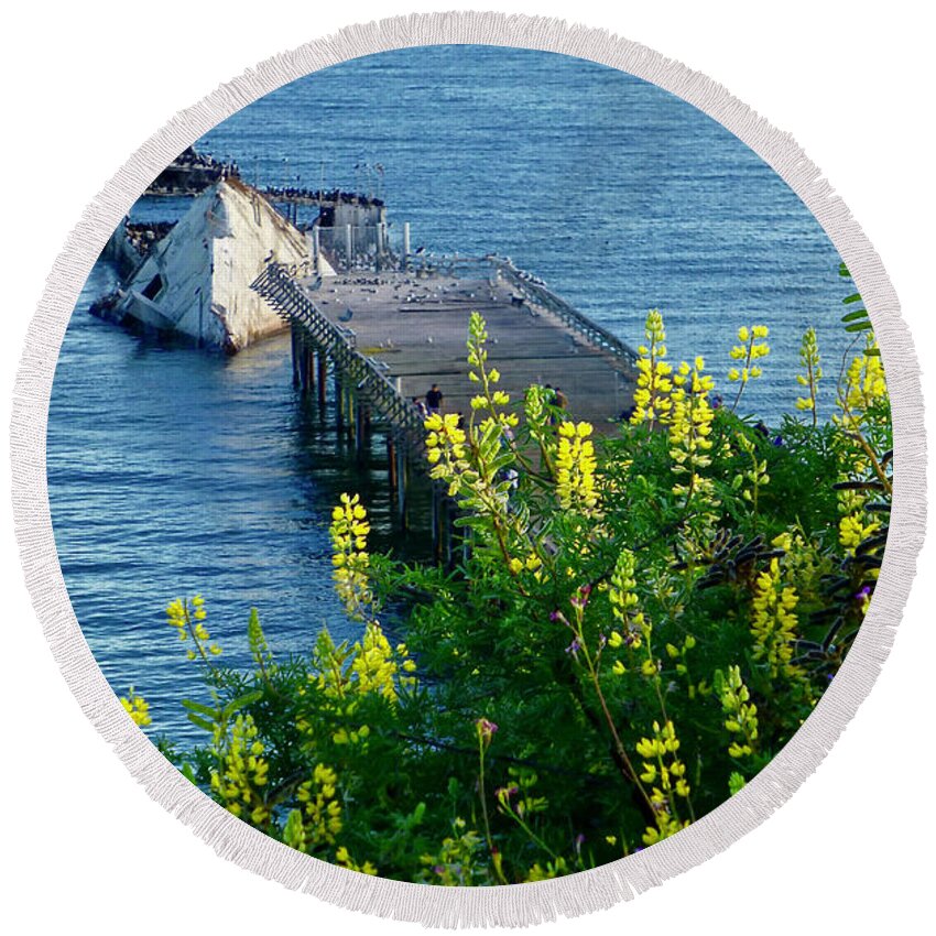 Seacliff Beach Round Beach Towel featuring the photograph Cement Ship with Yellow Lupine by Amelia Racca