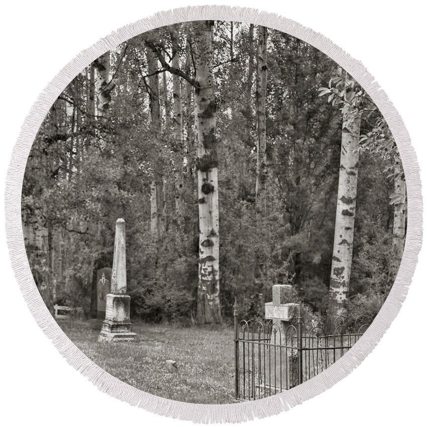 Cataldo Idaho Round Beach Towel featuring the photograph Cemetery at Cataldo Mission BW by Cathy Anderson