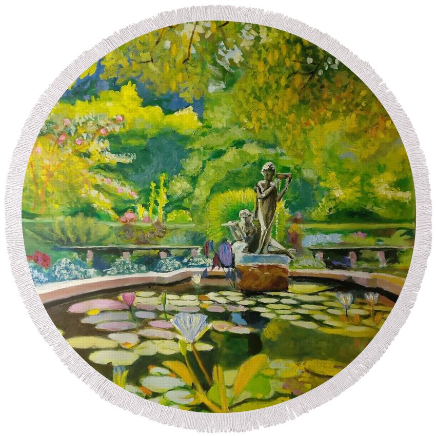 Garden Round Beach Towel featuring the painting Central-Park-Conservatory-Garden by Nicolas Bouteneff