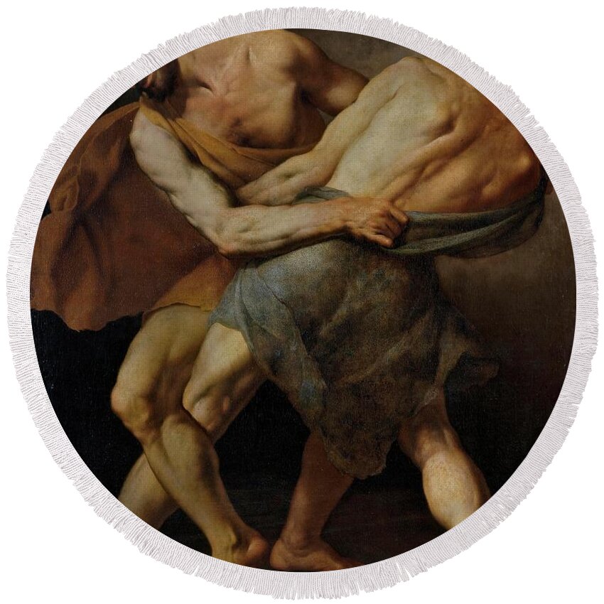 Fracanzano Cesare Round Beach Towel featuring the painting Cesare Fracanzano / 'Two Wrestlers or Hercules and Antaeus -?-', 1637, Italian School. ANTEO. by Cesare Fracanzano -1605-1651-