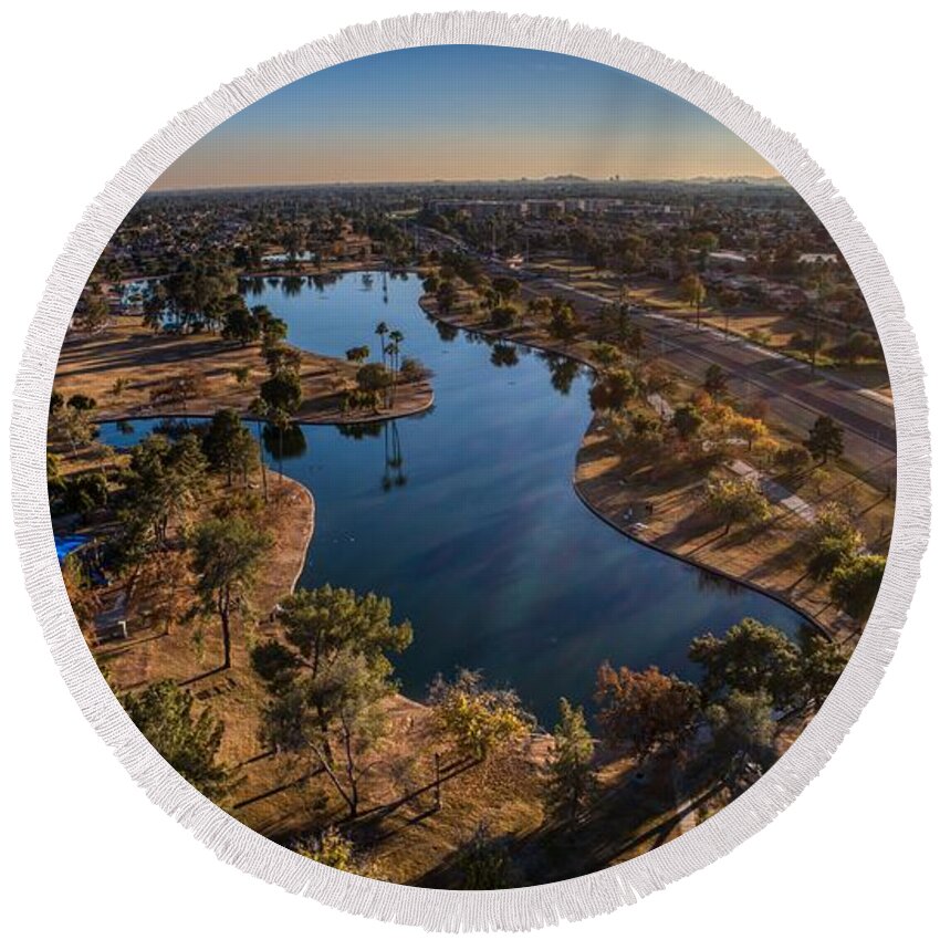 Aerial Shot Round Beach Towel featuring the photograph Chaparral Lake by Anthony Giammarino
