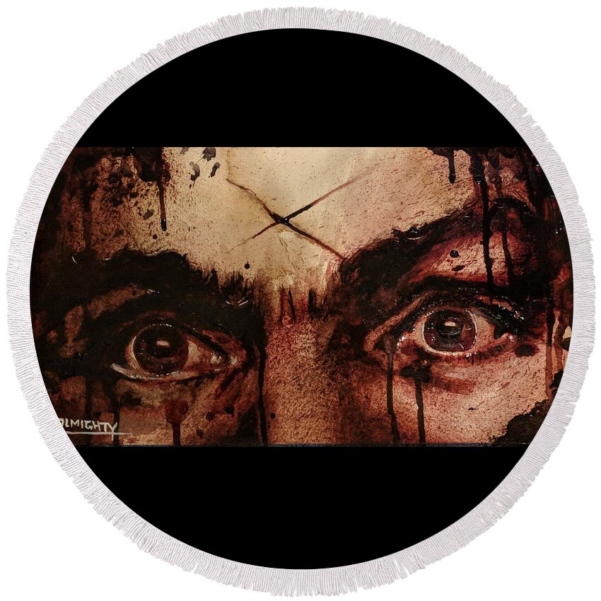 Ryan Almighty Round Beach Towel featuring the painting CHARLES MANSONS EYES fresh blood by Ryan Almighty