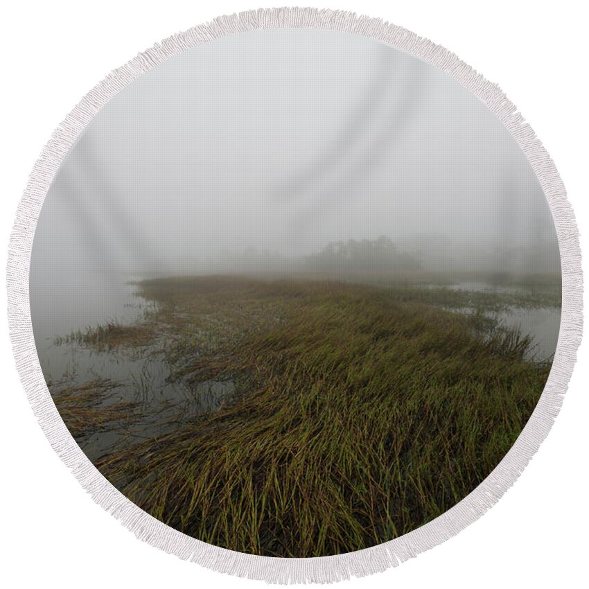 Fog Round Beach Towel featuring the photograph Charleston Fog - Wando River by Dale Powell