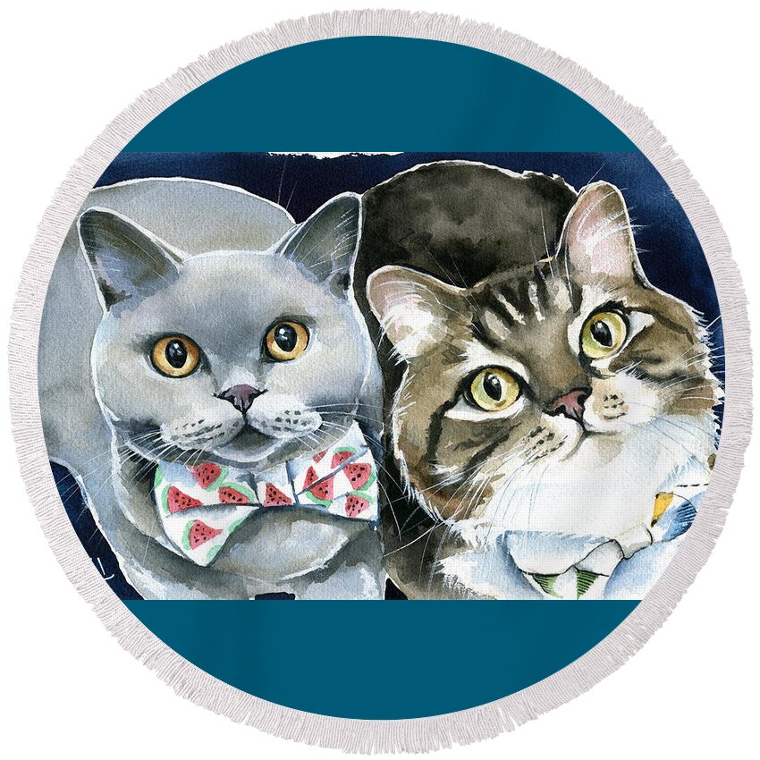 Cat Round Beach Towel featuring the painting Charlie and Teddy Cat Painting by Dora Hathazi Mendes