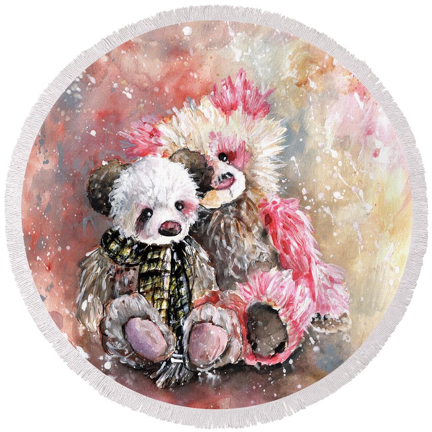 Teddy Round Beach Towel featuring the painting Charlie Bear Lola And Miss Haversham by Miki De Goodaboom