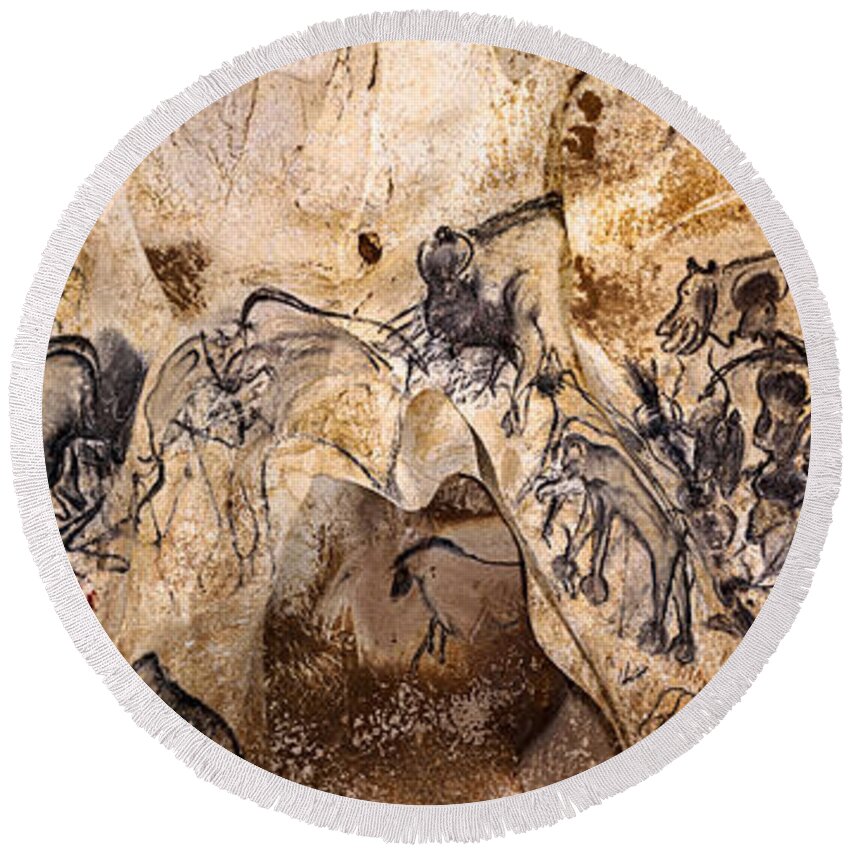 Chauvet Round Beach Towel featuring the digital art Chauvet Lions and Rhinos by Weston Westmoreland