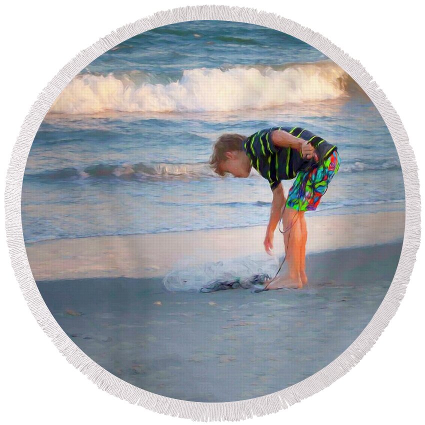 Water Round Beach Towel featuring the digital art Checking net for treasures by Laurinda Bowling